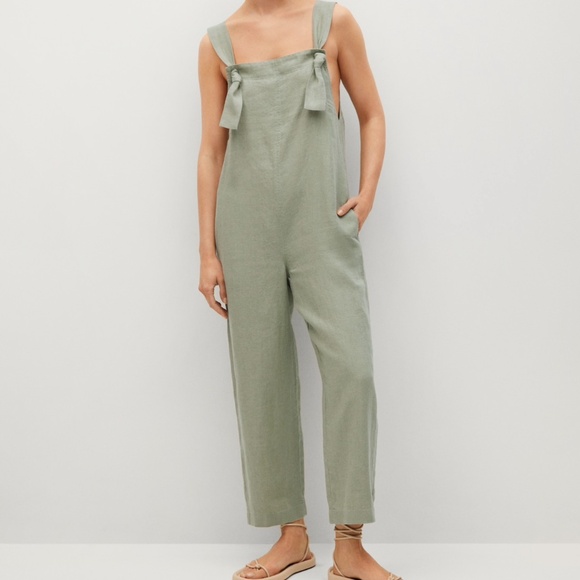 Mango Pants - Olive Green 100% Linen Jumpsuit -